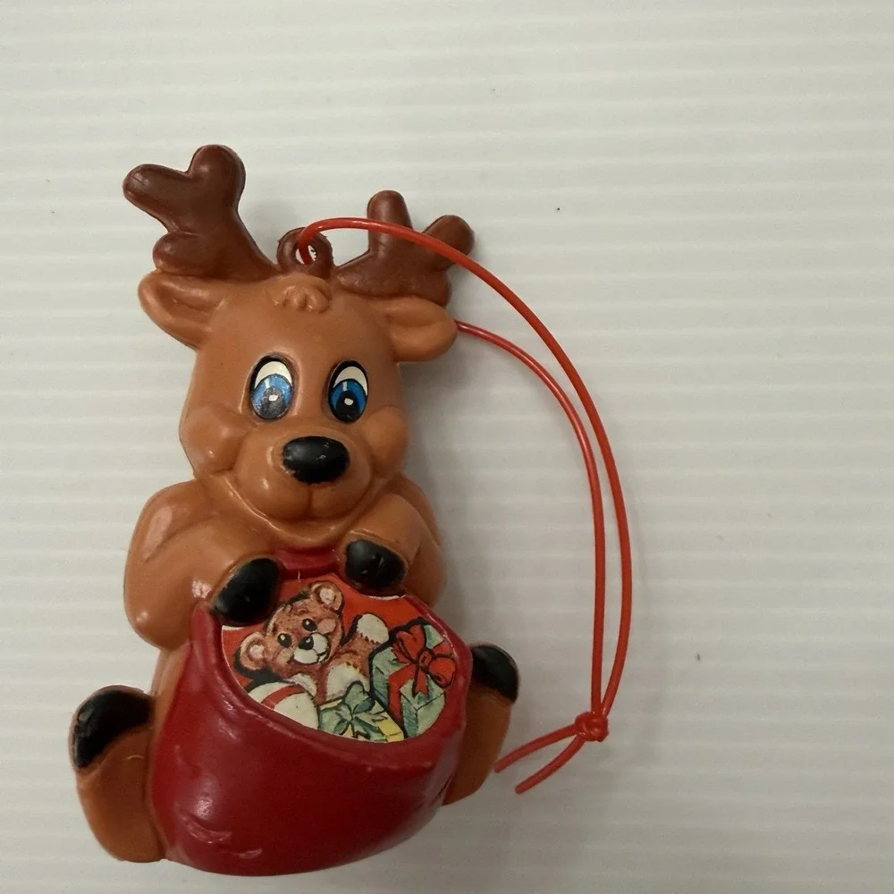 Vintage Plastic Reindeer Christmas Ornament Teddy Bear Toy Sack Tree Decoration